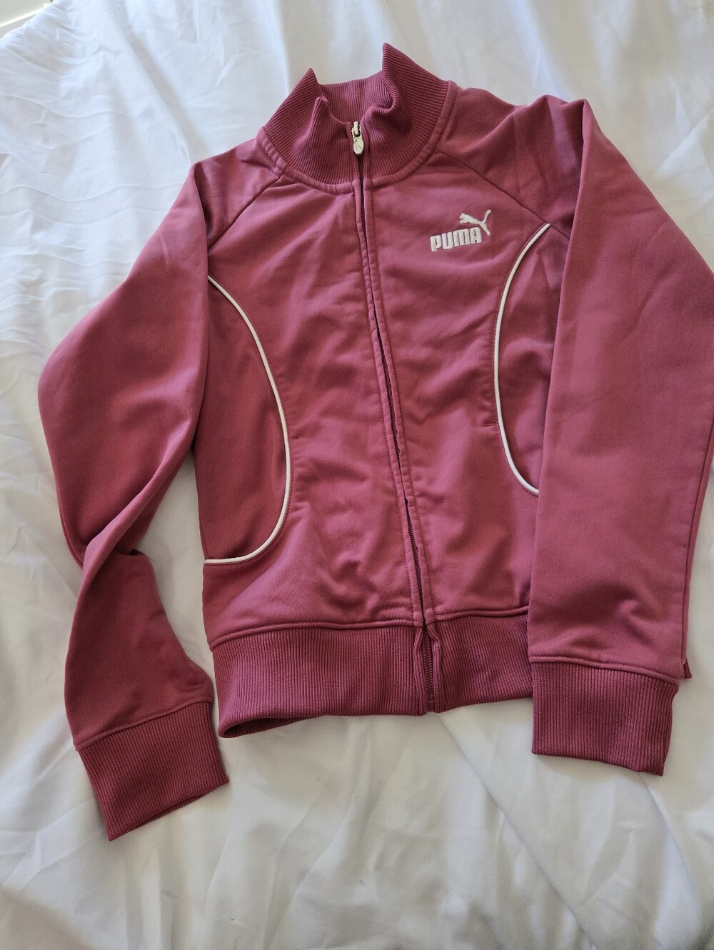 PUMA Girls M Pink Y2K 2000s Track Jacket Full Zip White Piping Retro